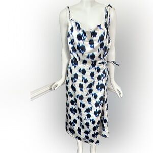Top Shop Semi Wrap Strappy Midi Slip‎ Dress Blurred Blue Floral Print Size 10